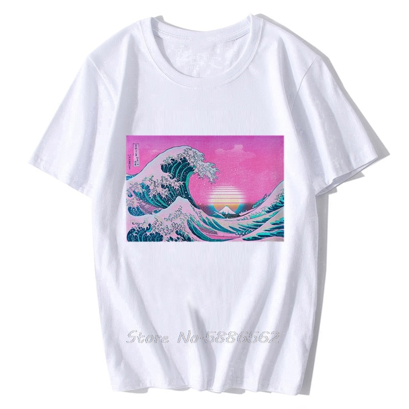 Vaporwave The Great Wave Off Kanagawa Aesthetic t-shirt Homme Short Sleeve T Shirt Men White Vintage Casual Tshirt Unisex