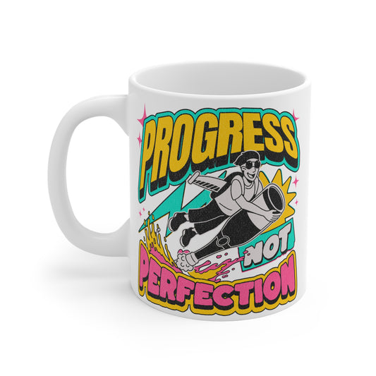 Fun Motivational Mug - "Progress Not Perfection" Quote - 11oz Coffee Cup for Inspiration