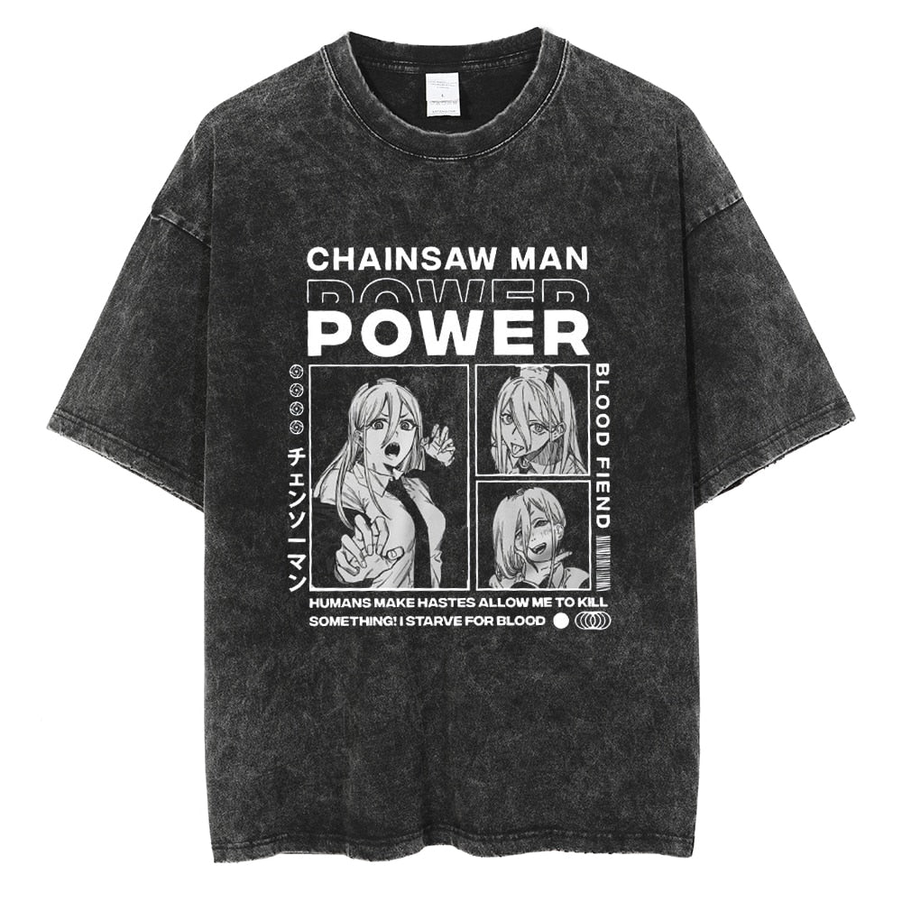 Anime Chainsaw Man Graphic T Shirt Harajuku Hip Hop Vintage Washed Power Print Tshirts Oversize 100% Cotton Streetwear T-shirt