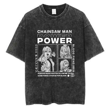 Anime Chainsaw Man Graphic T Shirt Harajuku Hip Hop Vintage Washed Power Print Tshirts Oversize 100% Cotton Streetwear T-shirt