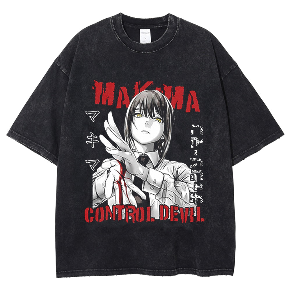 Anime Chainsaw Man Graphic T Shirt Harajuku Hip Hop Vintage Washed Power Print Tshirts Oversize 100% Cotton Streetwear T-shirt