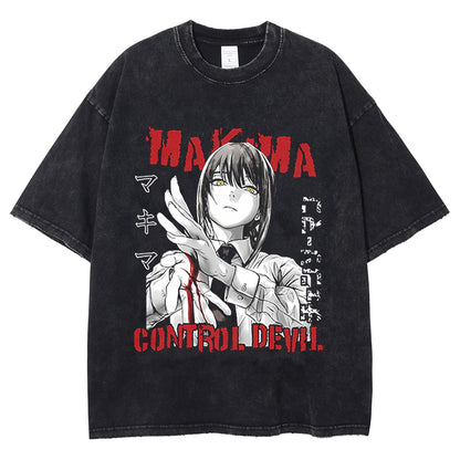 Anime Chainsaw Man Graphic T Shirt Harajuku Hip Hop Vintage Washed Power Print Tshirts Oversize 100% Cotton Streetwear T-shirt