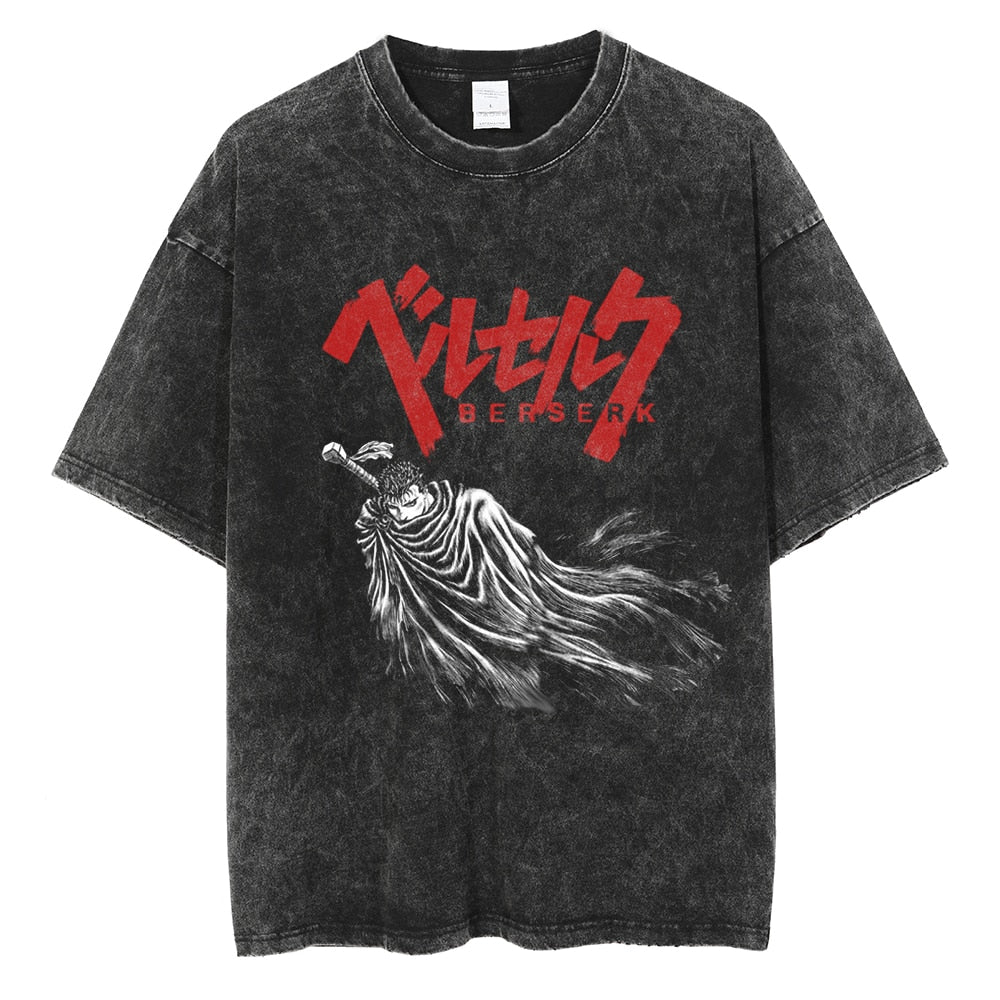 Berserk T-Shirt Men Washed T Shirt Japanese Anime Guts Graphic Tshirt Hip Hop Streetwear Summer Casual Cotton Short Sleeve Tees