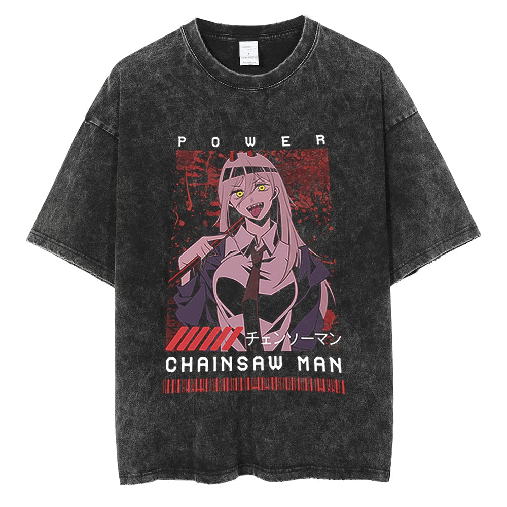 Anime Chainsaw Man Graphic T Shirt Harajuku Hip Hop Vintage Washed Power Print Tshirts Oversize 100% Cotton Streetwear T-shirt