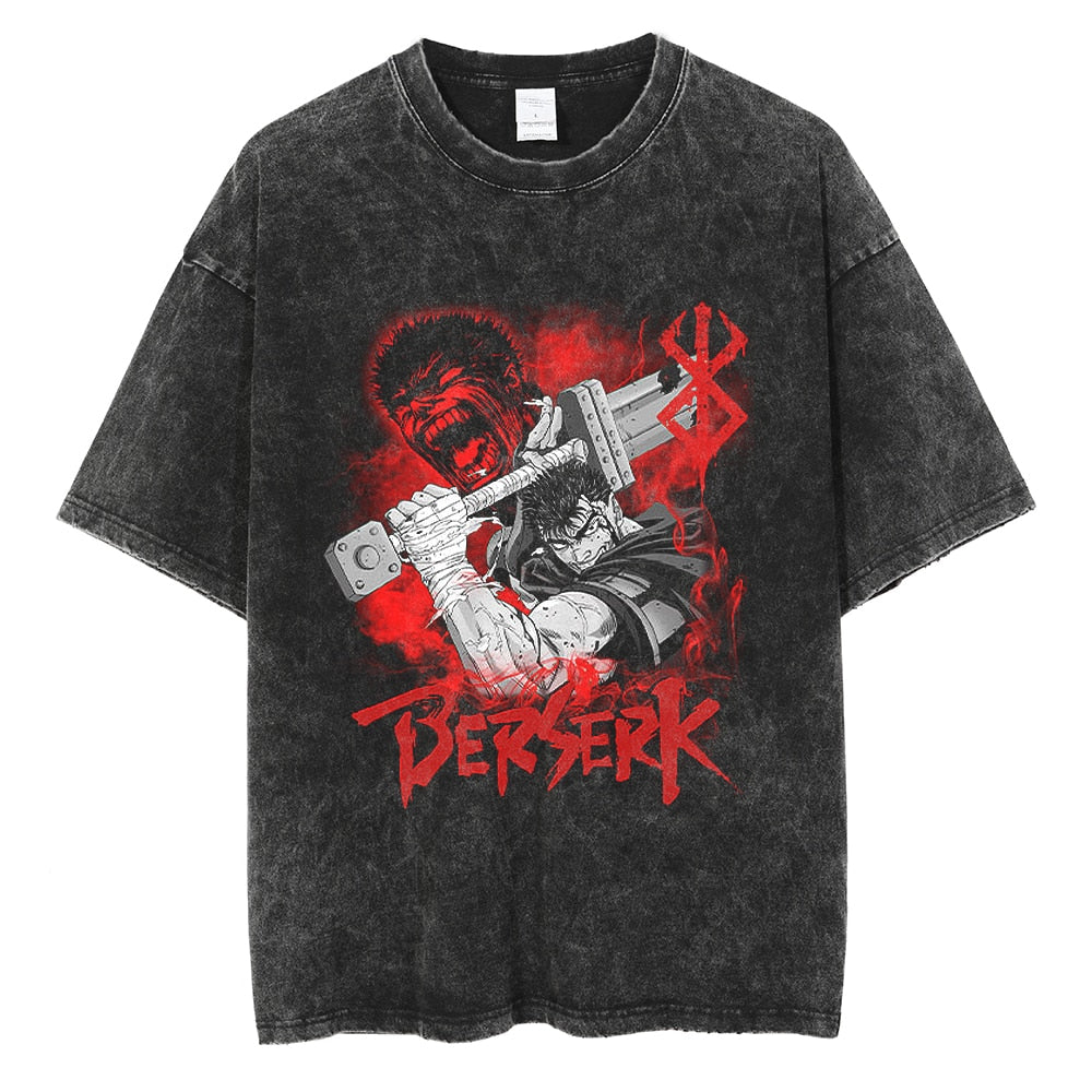 Berserk T-Shirt Men Washed T Shirt Japanese Anime Guts Graphic Tshirt Hip Hop Streetwear Summer Casual Cotton Short Sleeve Tees