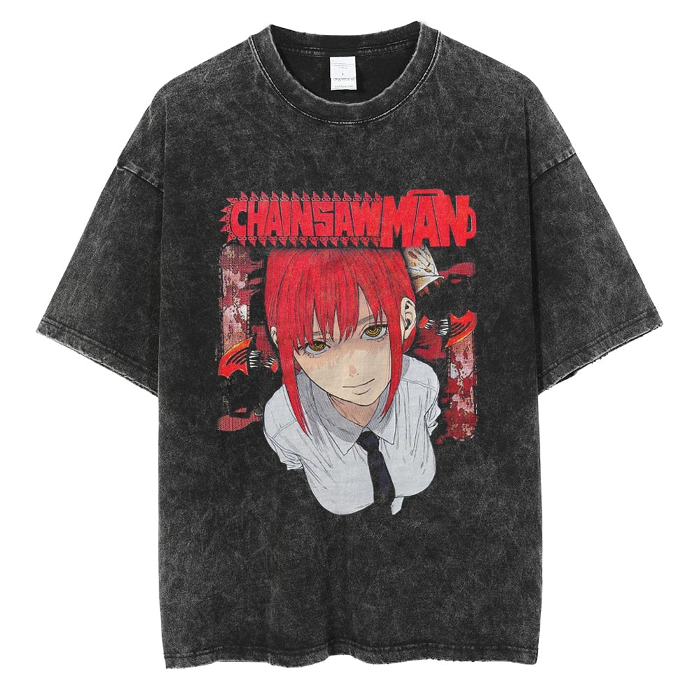 Anime Chainsaw Man Graphic T Shirt Harajuku Hip Hop Vintage Washed Power Print Tshirts Oversize 100% Cotton Streetwear T-shirt