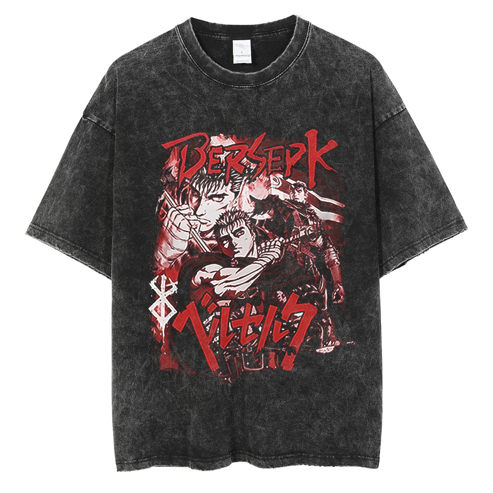 Berserk T-Shirt Men Washed T Shirt Japanese Anime Guts Graphic Tshirt Hip Hop Streetwear Summer Casual Cotton Short Sleeve Tees