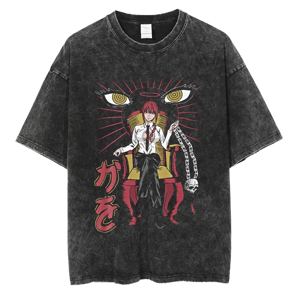 Anime Chainsaw Man Graphic T Shirt Harajuku Hip Hop Vintage Washed Power Print Tshirts Oversize 100% Cotton Streetwear T-shirt