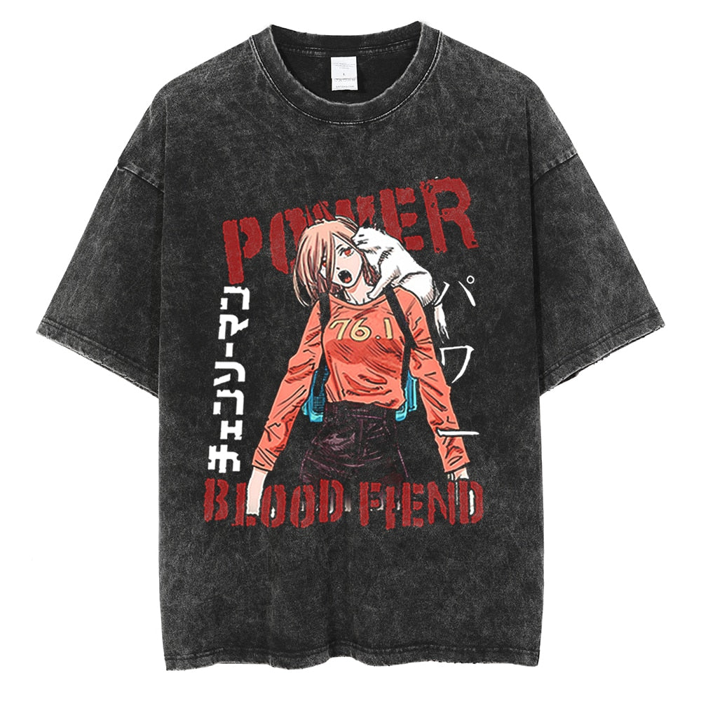 Anime Chainsaw Man Graphic T Shirt Harajuku Hip Hop Vintage Washed Power Print Tshirts Oversize 100% Cotton Streetwear T-shirt