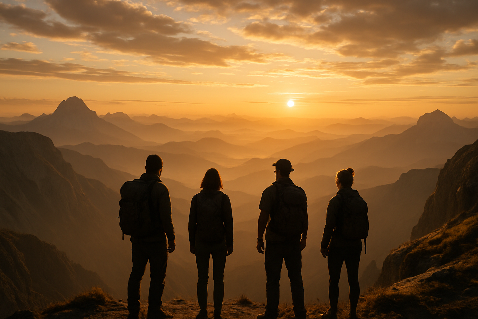 group of people on top of a mountain with their backs turned looking at the horizon make the image beautiful add a logo that says AWARE