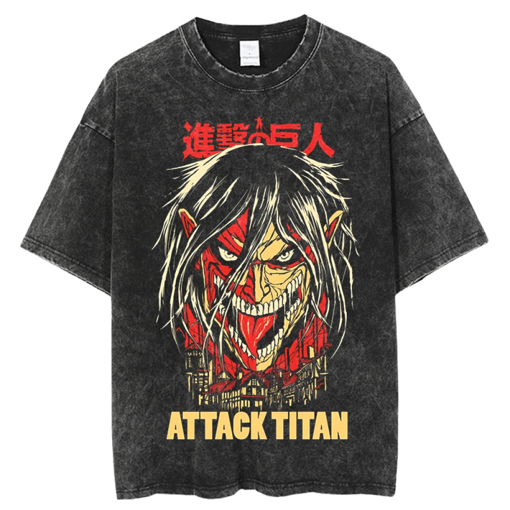 Anime Attack on Titan Graphic Tee Shirt Vintage Washed Tshirts Graphic T-Shirt Harajuku Streetwear Unisex Cotton Top Tees